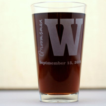 Engraved Pint Glasses with Groomsmen Large Initial and Wedding Role Design (Set of 4)