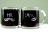 Engraved Glass Coffee Mugs with Classic Mr & Mrs Lips and Mustache Design