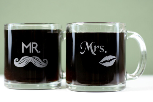 Engraved Glass Coffee Mugs with Classic Mr & Mrs Lips and Mustache Design