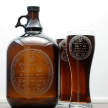 Engraved Gallon Growler and Large Pilsner Glass Set with Custom Newlywed Yours and Mine is now Ours Design