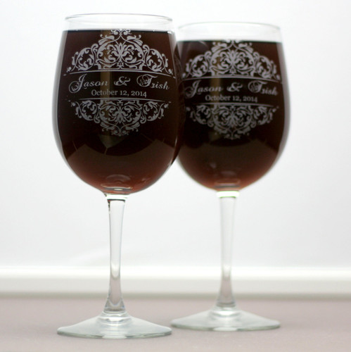 Engraved Custom Wedding Wine Glasses with Classic Baroque Theme (Set of 2)