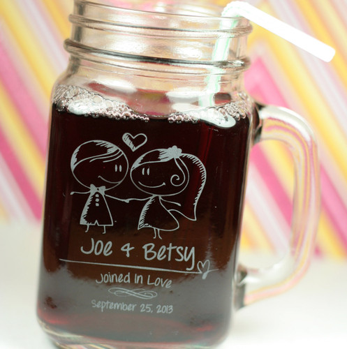 Wedding Mason Jar Mugs Personalized Engraved with Little Kids Couple Theme (Set of 2)
