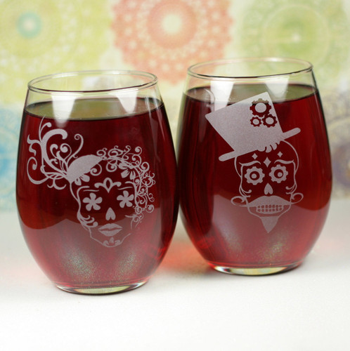 Engraved Stemless Wine Glass with Mr & Mrs Sugar Skull Couple (Set of 2)
