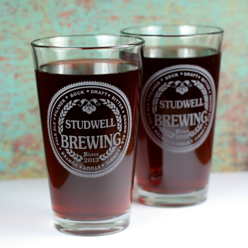 Engraved Newlywed Wedding Pint Glasses with Brewing Theme (Set of 2)