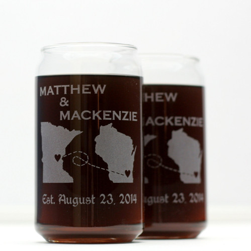 Engraved Newlywed Gift Can Style Glasses with State to State Love Design (Set of 2)