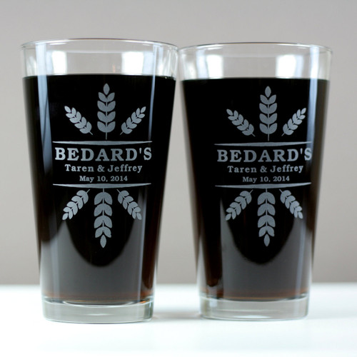 Engraved Newlywed Pint Glasses with Personalized Wheat Crowns Design (Set of 2)