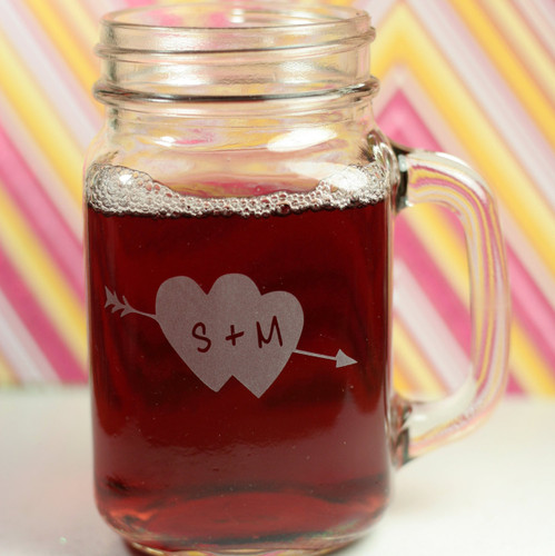 Engraved Wedding Engagement  Bride & Groom Initials in Double Heart Personalized Mason Jar Mugs (Set of 2)