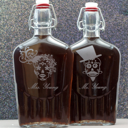 Engraved Sugar Skull Couple Large Glass Flask Groomsmen Gift