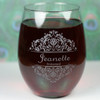 Engraved and Personalized Stemless Wine Glasses with Classic Wedding Bridal Party Baroque Theme (Set of 4)