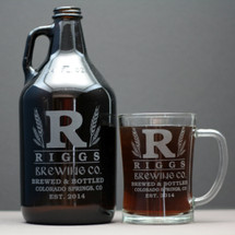 Engraved 64oz Growler and Beer Mug with Personalized Large Initial and Wheat Design