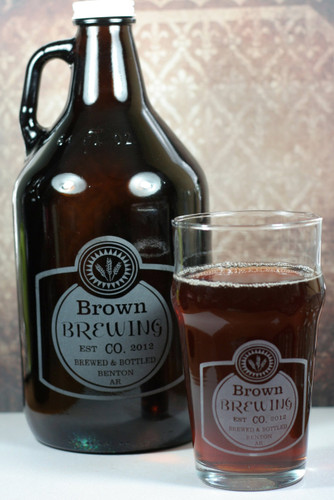 Engraved 64oz Growler & 2 Nonic Glass Set with Classy Simple Label Design