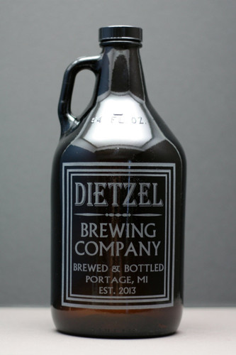 Engraved 64oz Growler with Personalized Old School Brewing Label Design