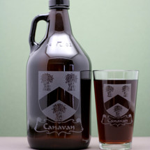 Engraved 64oz Growler and Two Pint Glass Set with Custom Home Brew Family Crest Design