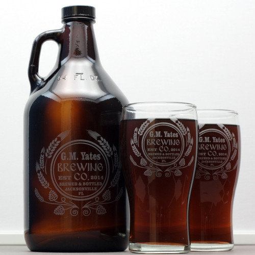Engraved 64oz Growler & 2 Pilsner Glass Set with Personalized Modern Hops and Wheat Design
