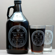 Engraved 64oz Growler & 2 Pint Glasses with Personalized Homebrew Wedding Beer Names Design Close Up