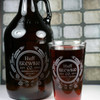 Engraved 64oz Growler & 2 Pint Glass Set with Personalized Modern Hops and Wheat Home Brew Design Close Up