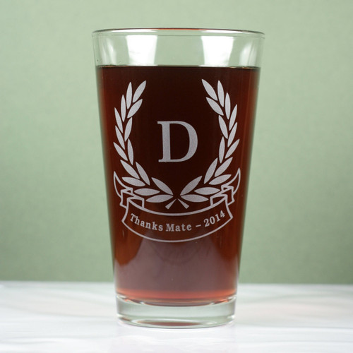 Engraved Personalized Initials with Laurel leaves and banner Design Pint Glass