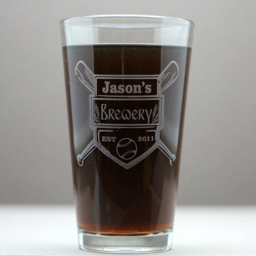 Engraved Pint Glasses with Baseball Personalized Brewing Company Theme (Set of 2)