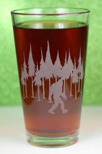 Engraved Pint Glass|Bigfoot in the Trees|Bigfoot Gift|Engraved Gift|Personalized Gift|Etched Gift|Engraved Glassware|Custom Gift|Etched Glassware|Custom Glassware|Personalized Glassware|Personalized Pint Glass|Personalized Promotional Products|Glass Blasted