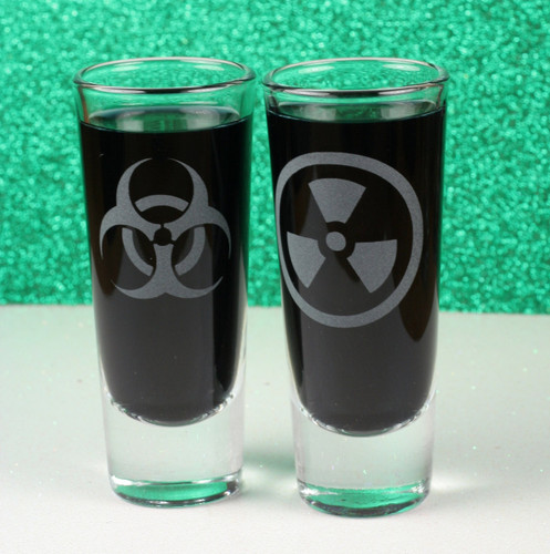 Engraved Shooter Shot Glasses with Bio-hazard & Nuclear Symbol (2 Glass Set)