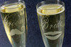 Engraved Bride and Groom Tapered Champagne Flutes with Mustache and Kiss Close Up