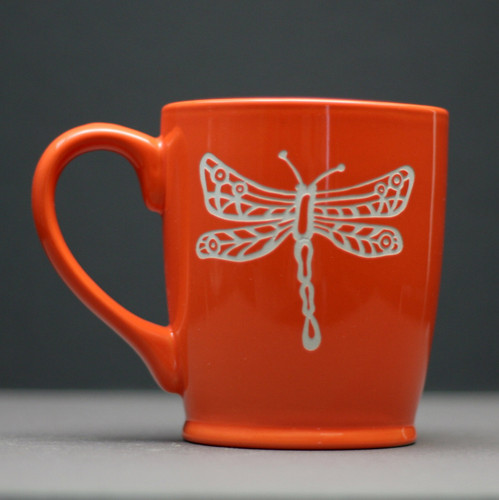Engraved Ceramic Coffee Mug with Dragonfly Circle and Lines Design