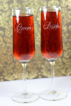 Modern Champagne Flutes Engraved with Fancy Script Bride & Groom (Set of 2)