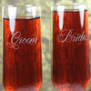 Modern Champagne Flutes Engraved with Fancy Script Bride & Groom Close Up
