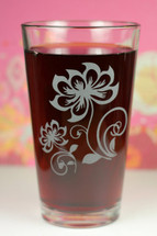 Engraved Lotus Henna Flower Duo with swirls Etched Pint Glass