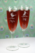 Engraved Tapered Champagne Flutes Sandblasted with Mr & Mrs Birds (Set of 2)