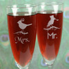Engraved Tapered Champagne Flutes Sandblasted with Mr & Mrs Birds (Set of 2) Close Up