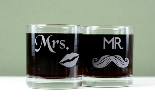 Engraved Mr and Mrs lips and Mustache Rocks Glasses (Set of 2)