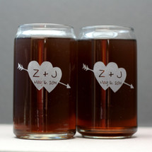 Engraved Can Glasses with Arrowed Double Heart and Initials (Set of 2)