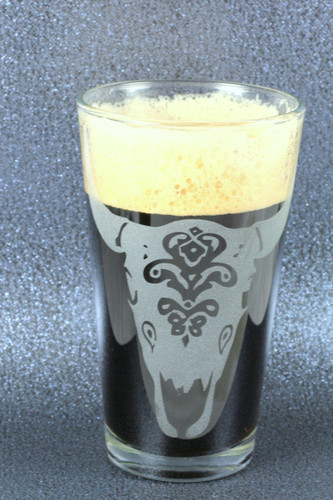 Engraved Cow Skull sandblasted Etched Pint Glass