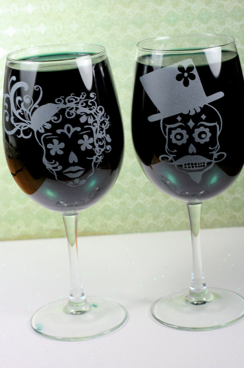 Personalized Sugar Skull Wine Glass Set for Couples