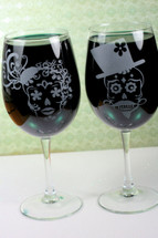 Engraved Set of Wine Glasses with Sugar Skull Couple (Stemmed or Stemless)