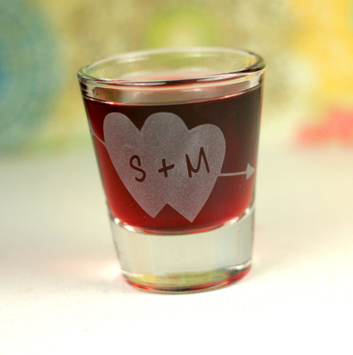 Engraved Whiskey Shot Glass with Double Hearts and Arrow and Initials