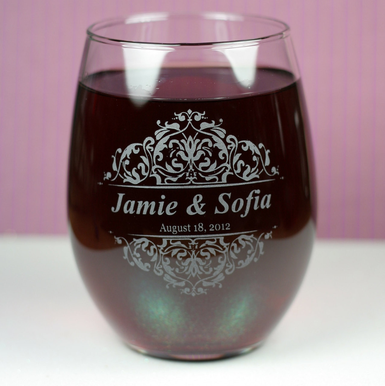 Baroque Newlywed Theme Personalized Stemless Wine Glasses