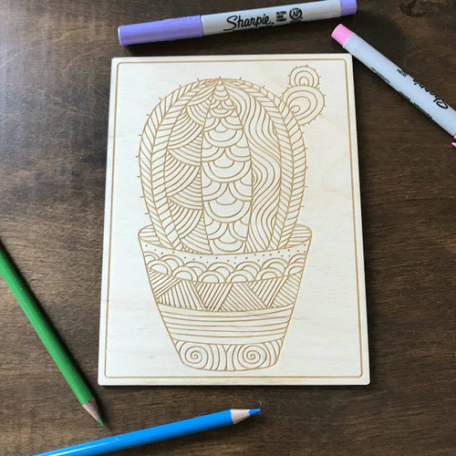 Single Cacti in pot wood coloring panel