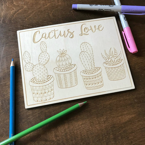 Cactus Love wood coloring panel