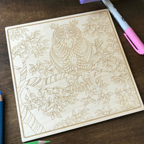 Owl on a Branch wood coloring panel