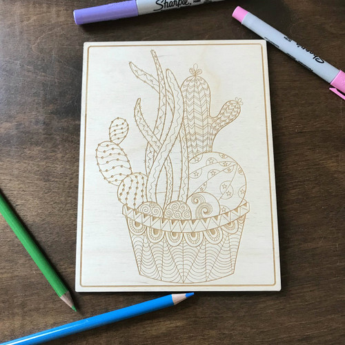 Multi-cactus in pot 2 wood coloring panel