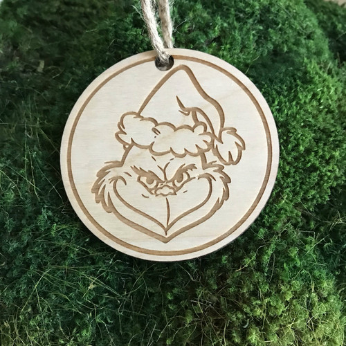 Grinning Grinch wood holiday ornament