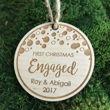 First Christmas Engaged personalized wood holiday ornament