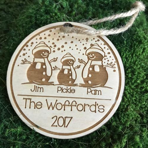 Snowman family of 3 personalized wood holiday ornament.