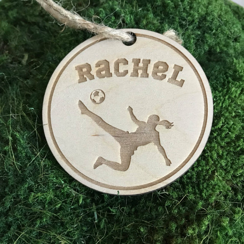 Girl soccer player personalized wood holiday ornament