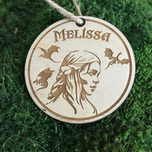 Girl with flying dragons personalized wood holiday ornament