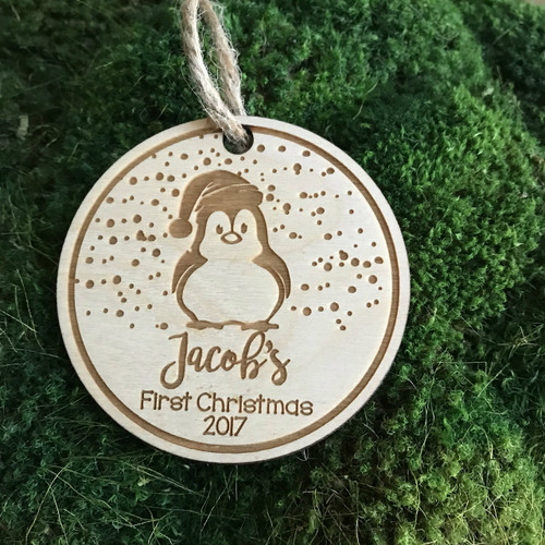 Baby penguin 1st Christmas personalized wood holiday ornament.