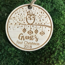 Owl on a branch personalized wood holiday ornament