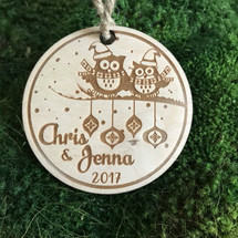Owl couple on a branch personalized wood ornament, Christmas, Christmas ornament